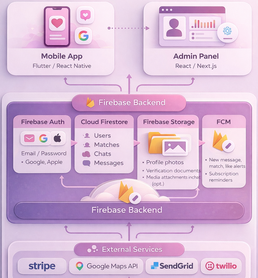 Fondly – International Matchmaking Platform system architecture diagram